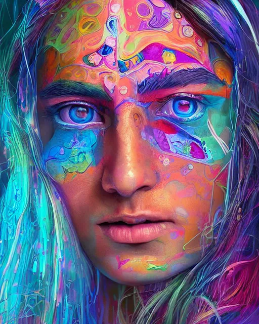 Prompt: colorful detailed portrait of a hippie from the future, set in the future 2 1 5 0 | highly detailed face | very intricate | symmetrical | professional model | cinematic lighting | award - winning | painted by mandy jurgens | pan futurism, dystopian, bold colors, cyberpunk, groovy vibe, anime aesthestic | featured on artstation