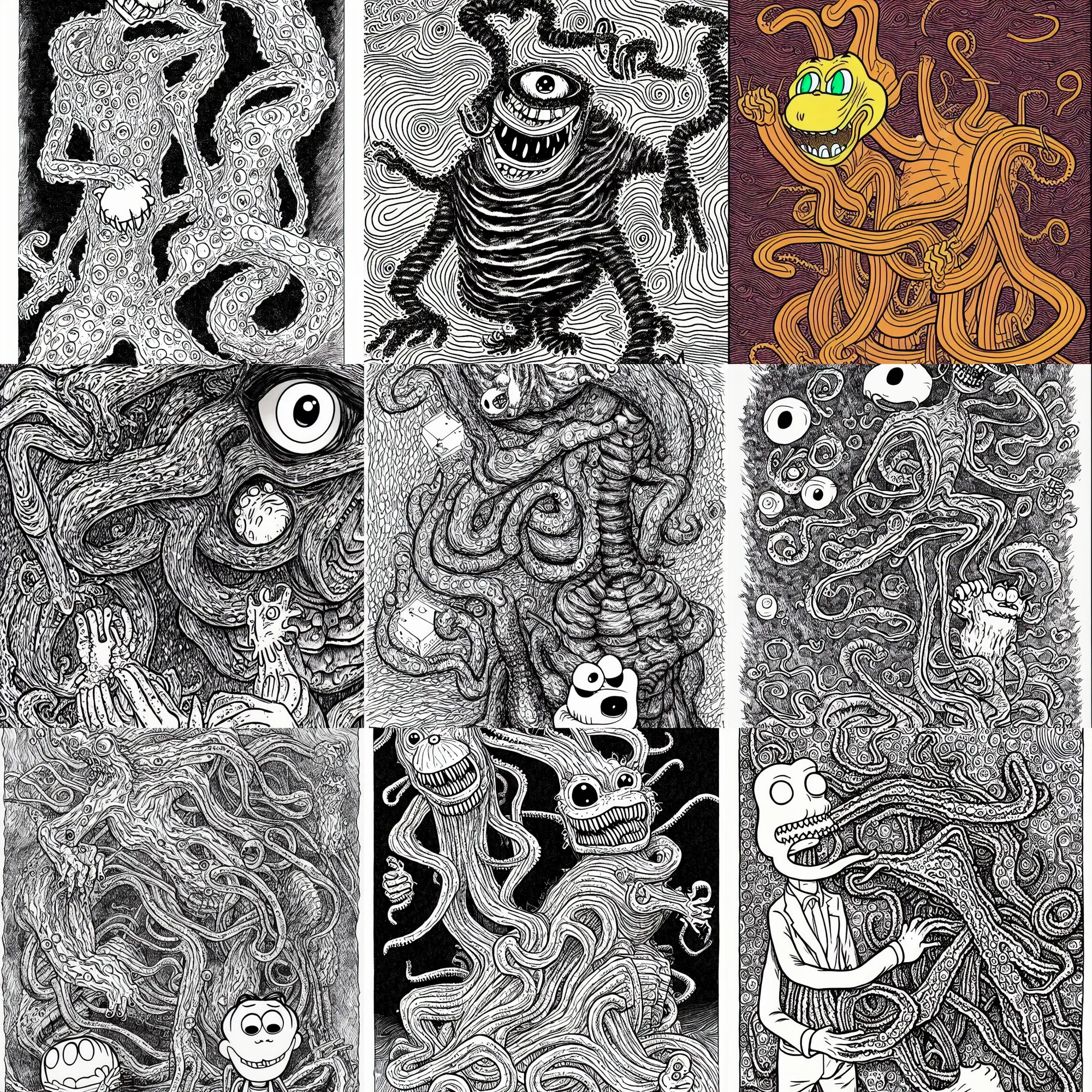 Image similar to Garfield as an eldritch abomination, illustrated by Junji Ito, Lovecraftian, line art