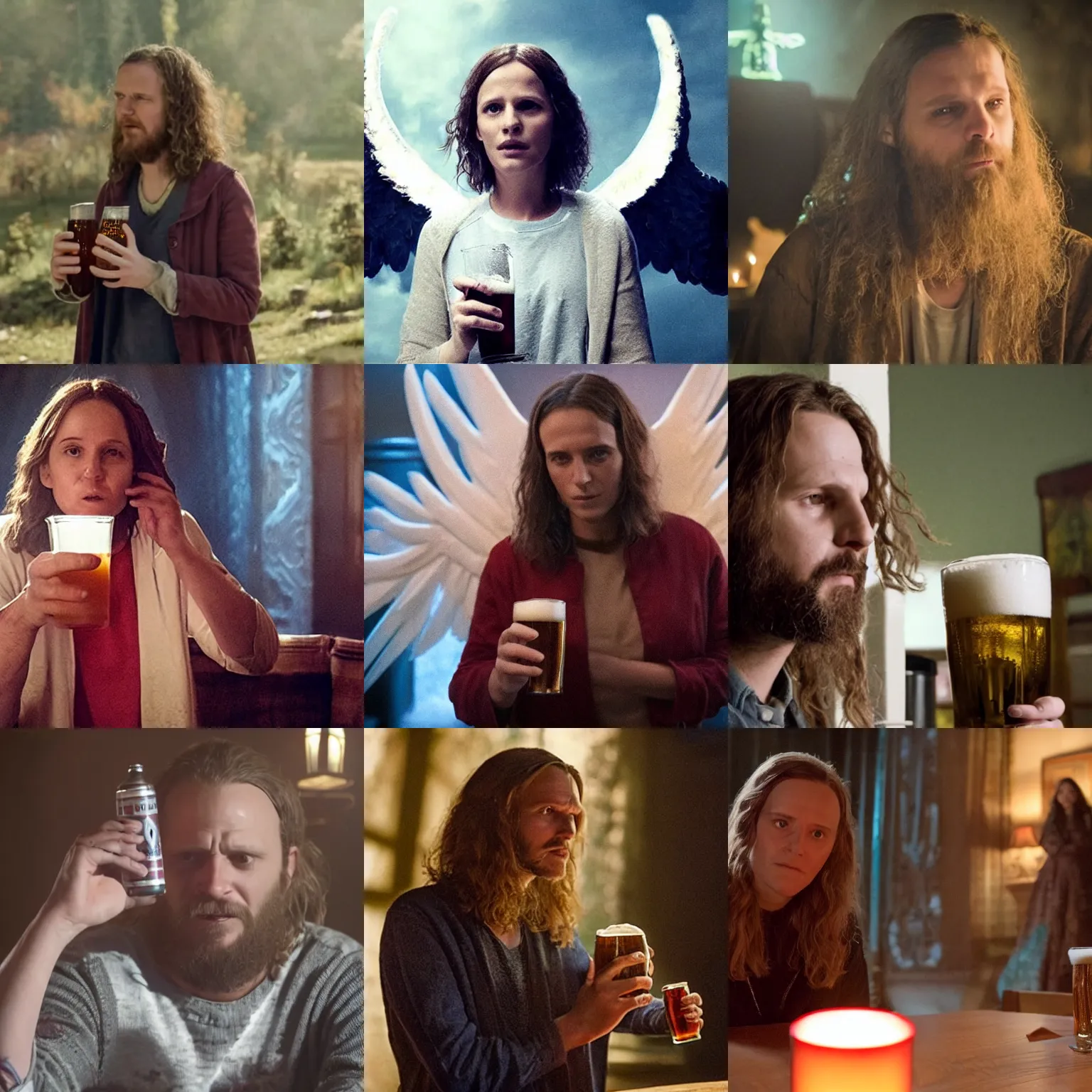 Prompt: The holy guardian angel drinking beer in the ending scene of 'A dark song'