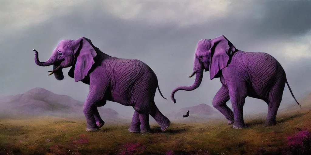 Prompt: purple coloured elephant running, raining, mountain, behind meadow, menacing, illustration, detailed, smooth, soft, cold, by Adolf Lachman, Shaun Tan, Surrealism