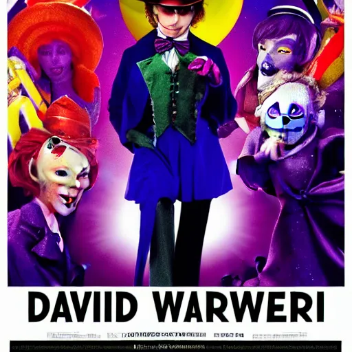 Image similar to awe inspiring David Bowie as Willy Wonka movie poster 4K amazing lighting