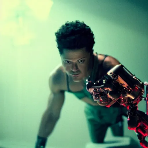 Image similar to movie still of bruno mars cyborg, cinematic composition, cinematic light, criterion collection, by edgar wright