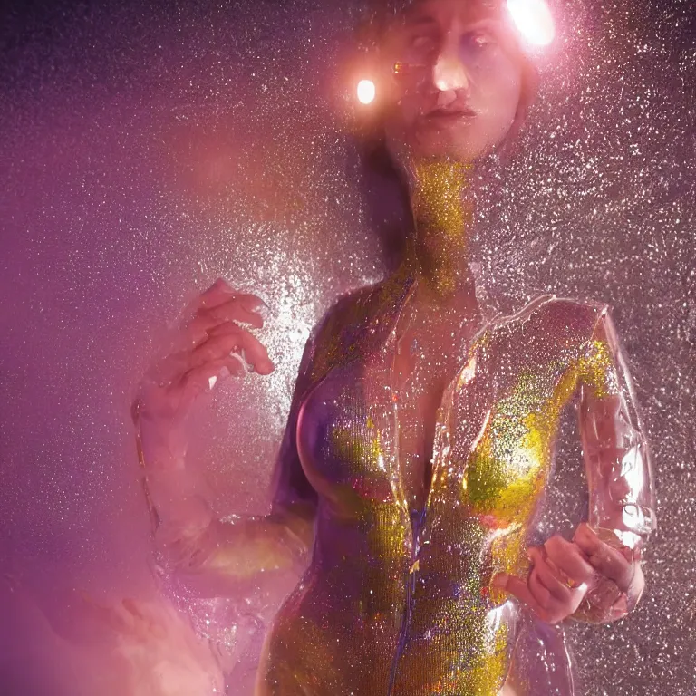 Image similar to octane render portrait by wayne barlow and carlo crivelli and glenn fabry, a woman wearing a clear plastic inflated suit full of colorful thick fluid full of glitter, inside an underground soviet dance club, fog and atmospheric lighting, light beams, cinema 4 d, ray traced lighting, very short depth of field, bokeh