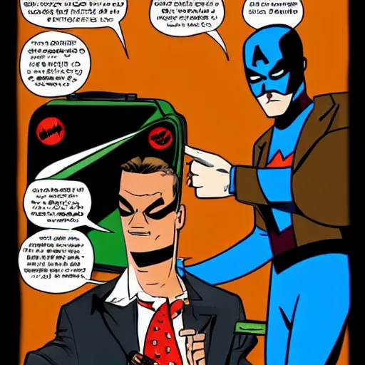 Image similar to brown suitcase containing domino superhero mask being opened by a ginger caucasian male in a brown suit, bruce timm artstyle, colorful, somber