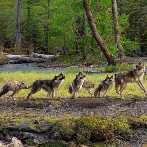Image similar to a pack of wolves in the distance of a forest on the other side of a creek