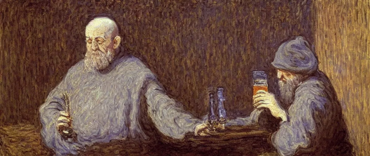 Prompt: a medieval monk drinking a mug of beer in his cell; detailed; a painting by Claude Monet