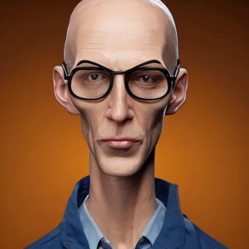 Image similar to A middle-aged Dr. Venture in real life with a hooked nose, a long gaunt face and skinny body and neck, very thin and bald, realistic, very realistic, hyperrealistic, highly detailed, very detailed, extremely detailed, detailed, digital art, oil painting, trending on artstation, headshot and bodyshot, detailed face, very detailed face, extremely detailed face, HD Quality, 8k resolution, very very detailed face, real life