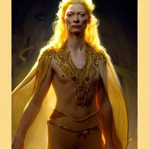 Image similar to young adult tilda swinton as lucifer morningstar, ornate long blond hair, whole body, natural lighting, path traced, highly detailed, high quality, digital painting, by gaston bussiere, craig mullins, alphonse mucha j. c. leyendecker