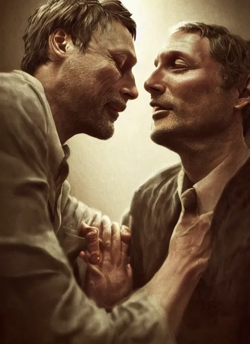 Prompt: close up portrait of Mads Mikkelsen!!! and Hugh Dancy!!! holding hands romantically as they chaperone school dance by ((Zdzislaw Beksinski)), Michael Whelan, Bob Larkin and Tomer Hanuka, simple illustration, domestic, nostalgic, clean, Matte painting, trending on artstation and unreal engine, New Yorker magazine cover