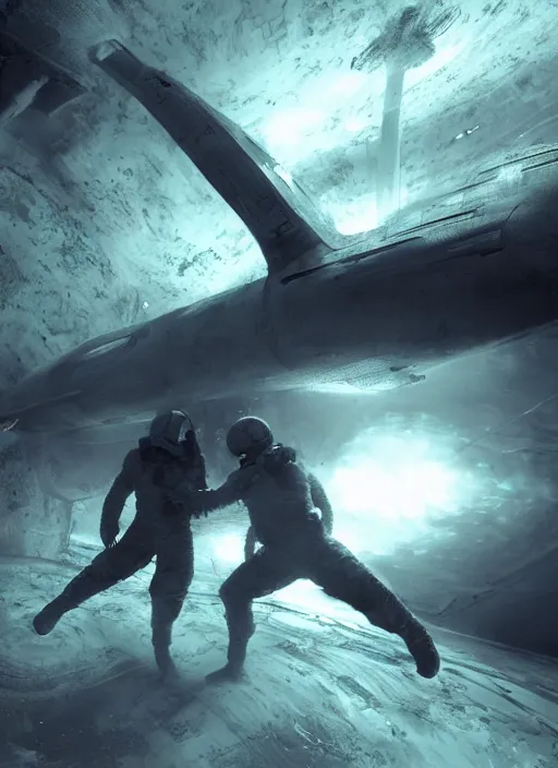 Image similar to concept art by craig mullins infrared complex and hyperdetailed astronauts hugging in futuristic dark and empty spaceship underwater. reflection and dispersion materials. rays and dispersion of light. volumetric light. 5 0 mm, f / 3 2. noise film photo. flash photography. unreal engine 4, octane render. interstellar movie art