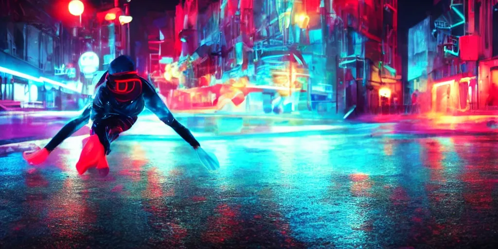 Image similar to cinematic camera wide angle of slow motion film still of futuristic break dancer wearing neon lights, long exposure shot , at night in the middle of a rainy street, paddle of water, water splashes, rim lights, glossy reflections, water droplets on lens, octane render, detailed and soft, by jimbo phillips santa cruz