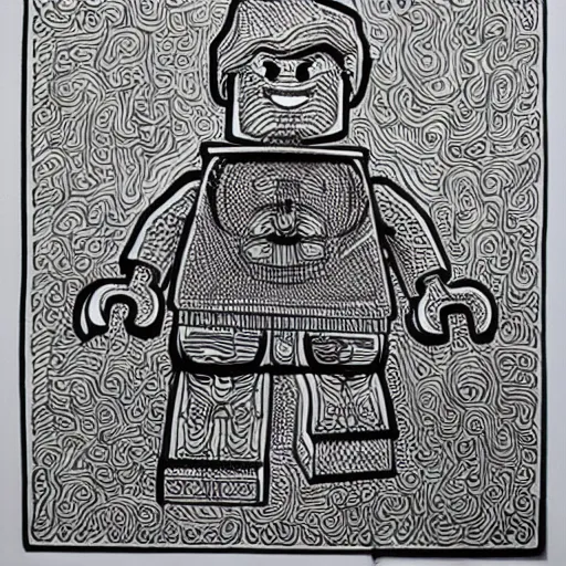 Image similar to lego character, pen and ink, intricate line drawings.