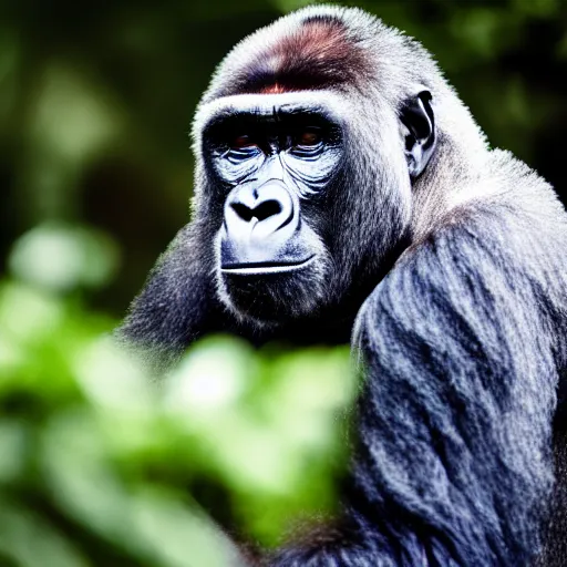 Image similar to portrait photo of a curious silverback gorilla with joe biden's facial features looking into the camera, indoors, f 1. 4, golden ratio, rim light, top light, overcast day