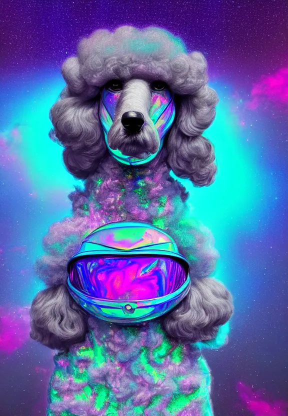 Prompt: a beautiful portrait of a poodle in a galactic iridescent spacesuit, holographic, synthwave color palette, cinematic, volumetric fog, risographic, digital art, 4 k, vintage sci - fi, inspired by moebius, inspired by thimbwhite, inspired by h. r. giger