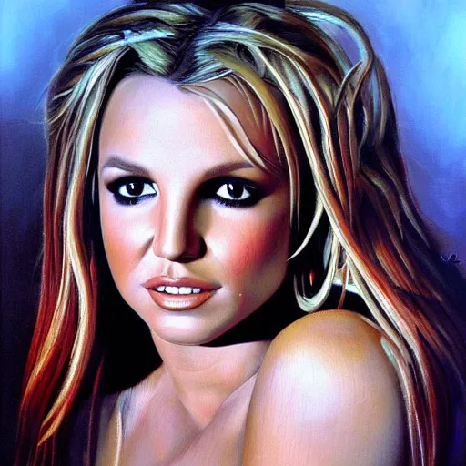 Image similar to detailed portrait of britney spears intricate, hyper detailed, realistic, oil painting, by julie bell, frank frazetta, cinematic lighting