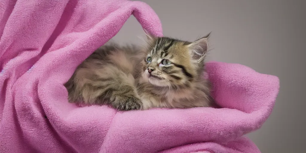 Prompt: oil painting of a fluffy tabby kitten wrapped in a pink towel, product photography of a shower curtain, product lighting. 4 k, highly detailed. saturated.