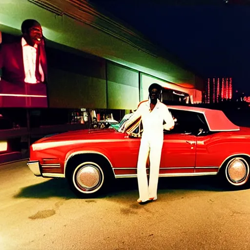 Image similar to Color photograph of Chuck Berry behind the wheel of a red convertible 1968 Converible Eldorado with a white interior on the Las Vegas Strip at night, award winning photograph by Annie Liebowitz and Herman Leonard