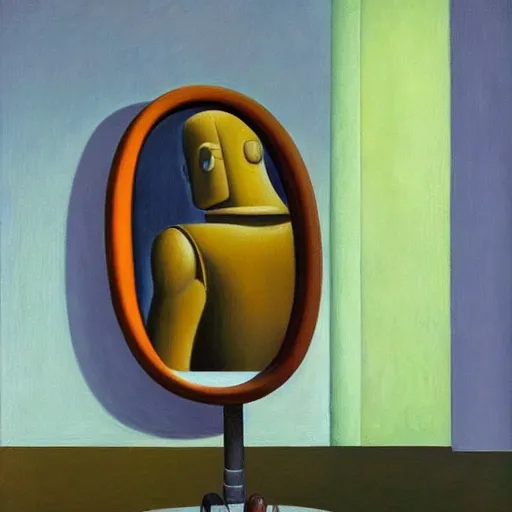 Image similar to robot looking into a mirror and the reflection is human, grant wood, pj crook, edward hopper, oil on canvas