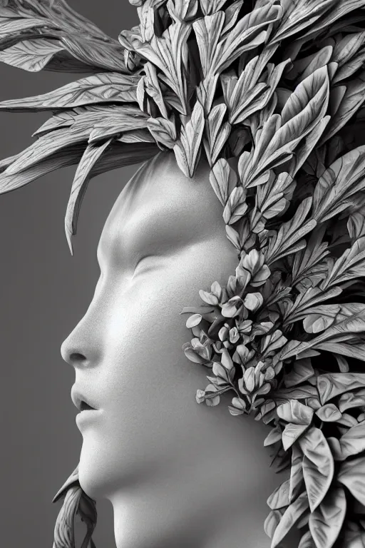 Image similar to bw close - up profile face, black background, beautiful young porcelain vegetal - dragon - cyborg - female, 1 5 0 mm, beautiful natural soft rim light, silver gold details, magnolia leaves and stems, roots, mandelbot fractal, elegant, ultra detailed, white metallic armour, octane render, dora maar