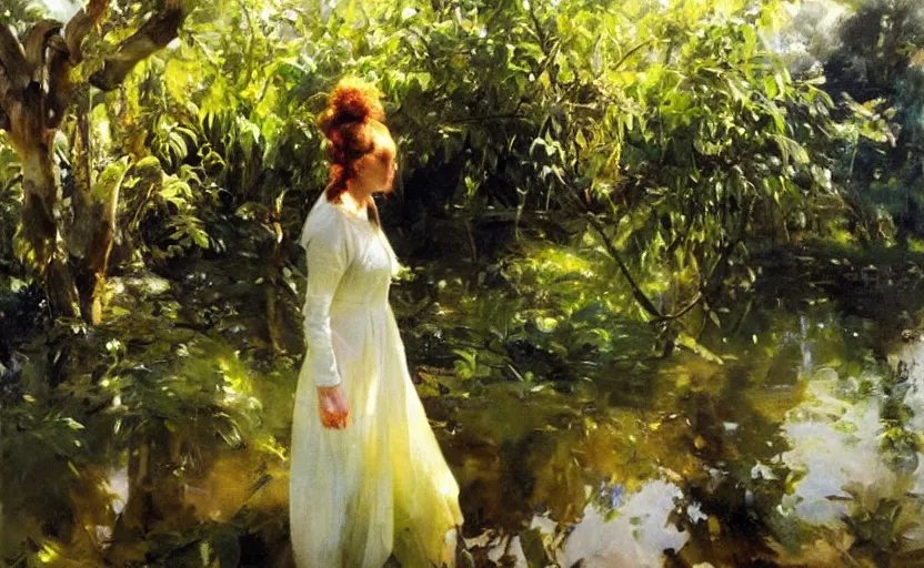 Prompt: oil painting lanscape by anders zorn, jungle nature, fruit trees, very very very very beautiful art, dramatic light, water reflections, female model