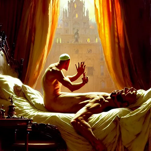 Image similar to the pope is in his bed, nervous and terrified, because a double horned shadow demon from hell lurks in the wallpaper of the bedroom. highly detailed painting by gaston bussiere, j. c. leyendecker, greg rutkowski, craig mullins 8 k