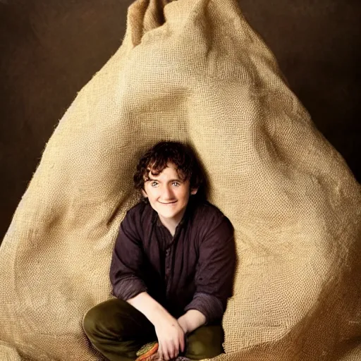 Image similar to frodo from lord of the rings in a burlap sack of overflowing with potatoes, photography, realistic, mid shot, in his hobbit home, cinematic lighting