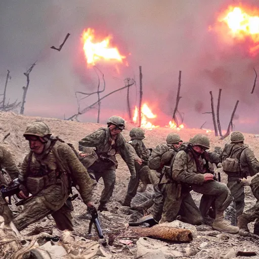 Image similar to american soldiers running at the camera with rifles during normandy beach landing with fiery explosions and debris and dead bodies and limbs all around them in the style of the movie lone survivor and saving private ryan, gritty, 4 k, cinematic lighting,