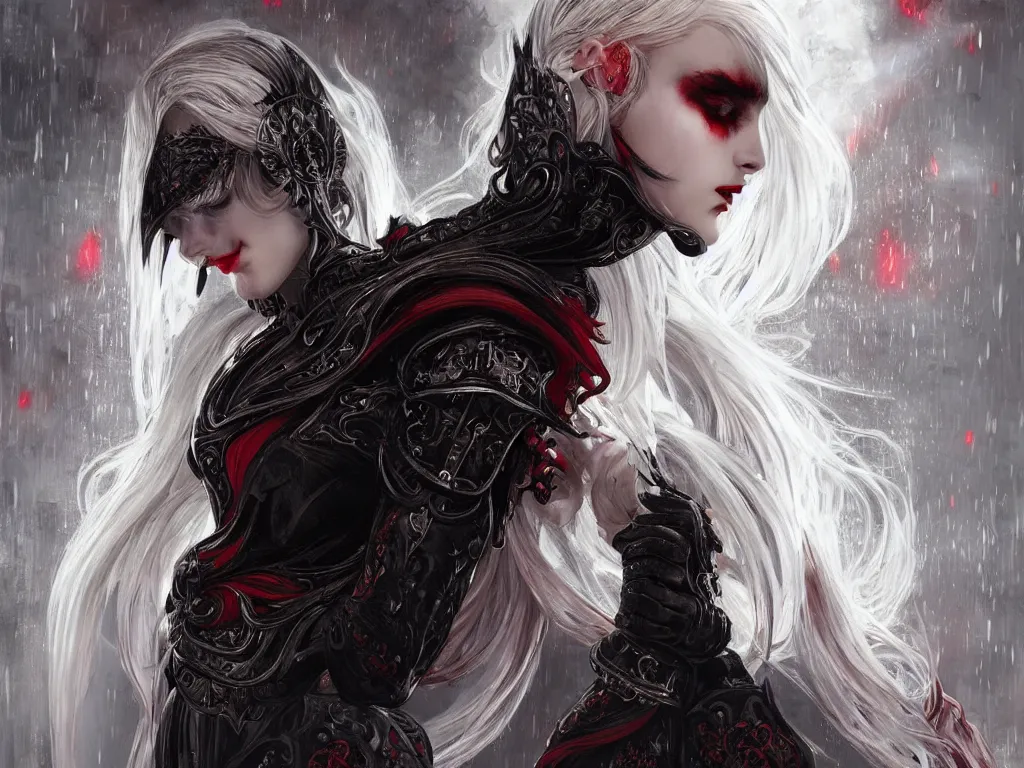 Image similar to portrait white hair sinister knights of zodiac girl + smoky eyes, black fire red color reflected armor, in ruined gothic cathedral rainy night, ssci - fi and fantasy, intricate and very very beautiful and elegant, highly detailed, digital painting, artstation, concept art, smooth and sharp focus, illustration, art by tian zi and wlop and alphonse mucha