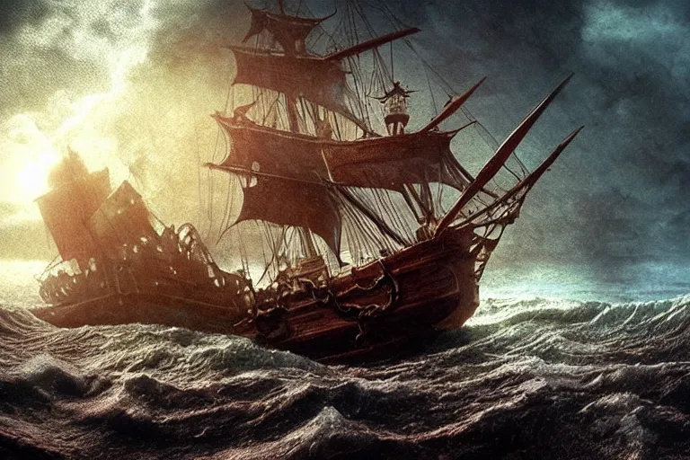 Image similar to epic pirate ship in a storm, cthulhu rises from the sea, cthulhu, cthulhu!!! in the style of vernon grant and chris van allsburg, trending on artstation, bright tilt - shift camcorder effect, photoshop, retrowave, hyperrealism,