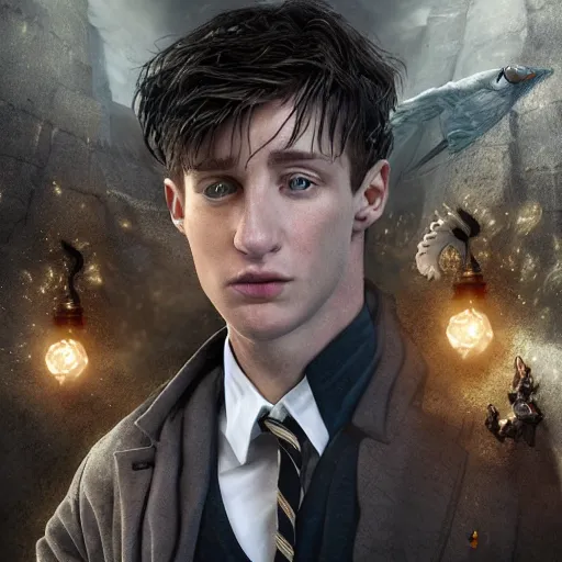 Image similar to hyperrealistic mixed media high resolution, scamander from harry potter with his creatures , stunning 3d render inspired art by István Sándorfi and Greg Rutkowski and Unreal Engine, perfect symmetry, dim volumetric lighting, 8k octane beautifully detailed render, post-processing, extremely hyper-detailed, intricate, epic composition, highly detailed attributes, highly detailed atmosphere, full body shot, cinematic lighting, masterpiece, no trending on artstation, very very detailed, masterpiece, stunning, flawless structure, lifelike texture, perfection,