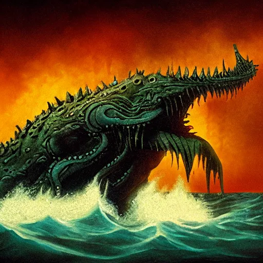 Prompt: sea beast of the depths in the style of michael whelan and h. p. lovecraft