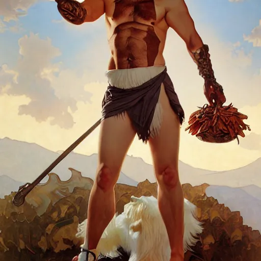 Prompt: a full body portrait of colonel sanders the greek god!! fighting in hell against a starving hillbilly!!! extremely beautiful, anatomically accurate, by artgerm and by greg rutkowski and by alphonse mucha and by simon bisley, radiant light, detailed and intricate environment,