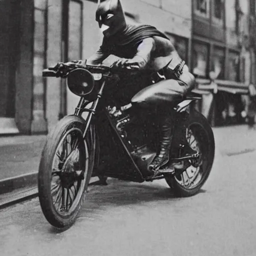 Prompt: old black and white photo, 1 9 1 3, depicting batman on a motorcycle from dark knight rampaging through the bustling streets of new york city, rule of thirds, three - point perspective, historical record