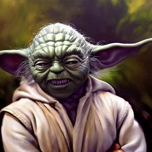 Image similar to ultra realistic portrait painting of tom selleck as yoda, art by frank frazetta, 4 k, ultra realistic, highly detailed, epic lighting