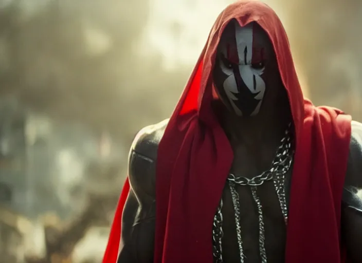 Image similar to film still of michael b jordan as spawn in the new spawn movie, giant chains, large cape, 8 k