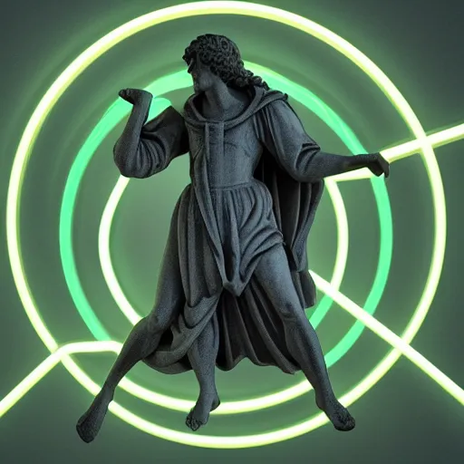 Image similar to a renaissance statue surrounded by a 3 d neon ring, black background, ray tracing, 8 k resolution, shar focus, hyper detailed