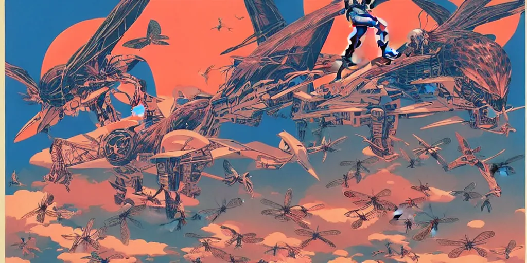 Image similar to risograph rendition, gigantic mecha arzach birds with dragonflies, tiny rats, a lot of exotic animals around, big human faces everywhere, helicopters and tremendous birds, by satoshi kon and moebius, matte bright colors, surreal design, crispy, super - detailed, a lot of tiny details, fullshot