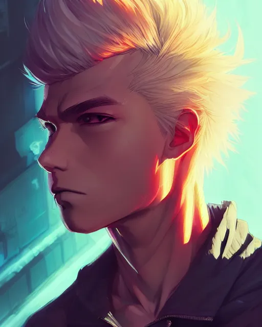 Image similar to portrait of a male punk, street clothes, cyberpunk, face like ester exposito, blonde shinkai makoto studio ghibli studio key hideaki anno sakimichan stanley artgerm lau rossdraws james jean marc simonetti elegant highly detailed digital painting artstation pixiv