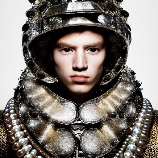 Prompt: a portrait of a beautiful young male wearing an alexander mcqueen armor made of holographic pearls , photographed by andrew thomas huang, artistic