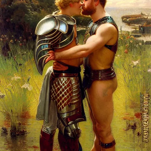 Image similar to attractive fully clothed arthur pendragon confesses his love for his attractive fully clothed male knight. highly detailed painting by gaston bussiere and j. c. leyendecker 8 k