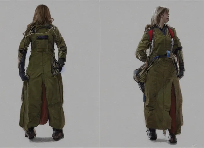 Prompt: front and back character view of a woman in scientist's jacket with a system of straps and pouches for collecting material by Donato Giancola, Trending on artstation, cgsociety and pixiv clean sci-fi concept art and sheet