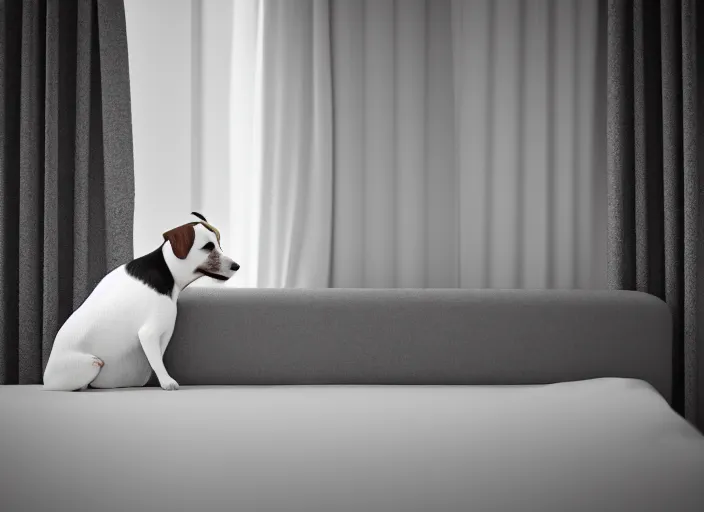 Image similar to photography of a Jack Russel . watching outside the window. on a bed. in a white room. octane render,volumetric light, volumetric fog, photorealistic,, award winning photo, 100mm, sharp, cloth, high res