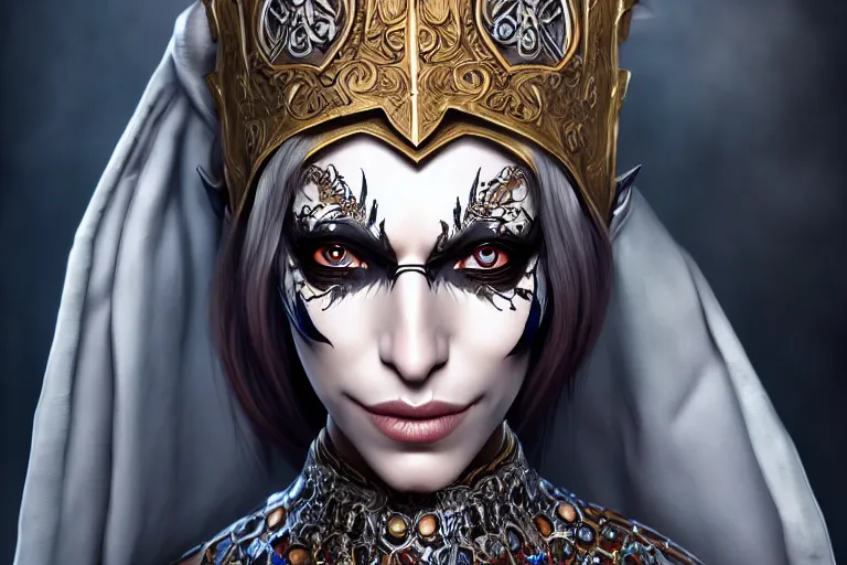 Image similar to a full portrait of a beautiful woman wearing, wearing extremely detailed attire, slim complexity, extremely detailed white eyes, medievil, dnd, extremely detailed, high quality, trending on artstation, photo realistic