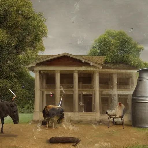 Image similar to A digital painting of a cannon on a porch. Birds are flying over and one of them is hit by a vase that was thrown into the air. A bull plays saxophone while next to the bull a farmer with a pitchfork smokes a cigarette.