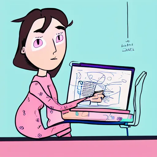 Image similar to girl in pyjamas working on computer, tired bags around eyes, digital art