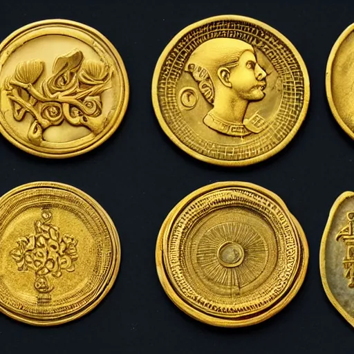 Image similar to a strange veriety collection of oddly shaped intricate ancient golden coins