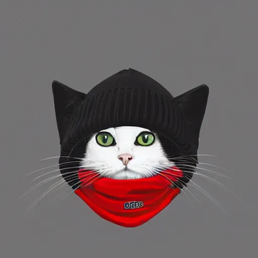 Image similar to a cat wearing a red ski mask beanie over its face with black ski goggles, photorealistic