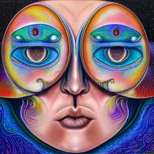 Prompt: a double vision psychedelic drawing of a very symmetrical portrait a face with an angel halo with a muted color palette, the face has compound eyes human eyes!!, style of oil painting by chris dyer, holographic double vision