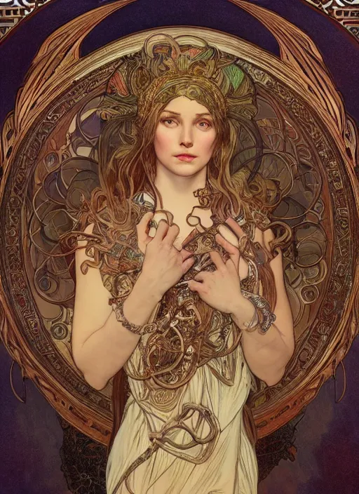 Prompt: Jennifer Lowrence as God of Strangeness, brutal, epic, intricate, elegant, highly detailed, digital painting, 4k, HDR, concept art, smooth, sharp focus, illustration, art by alphonse mucha,artgerm, H R Giger