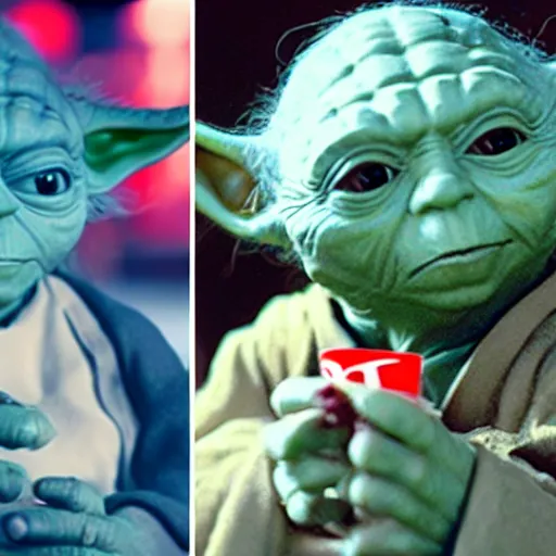 Image similar to A still of Yoda eating at KFC, 4k, photograph, ultra realistic, highly detailed, professional lighting